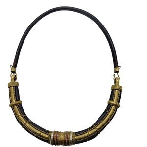 Alexis Birk Necklace Choker 1970s Brass Copper Leather Tribal6.5Bold Sculpture